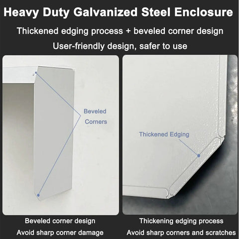 Heavy Duty Galvanized Steel Enclosure showing thickened edging and beveled corners for user-friendly design.