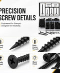 Close-up of drywall screw set, 130 piece assortment with six sizes, self-tapping bugle head, black oxide for fast DIY finishes.