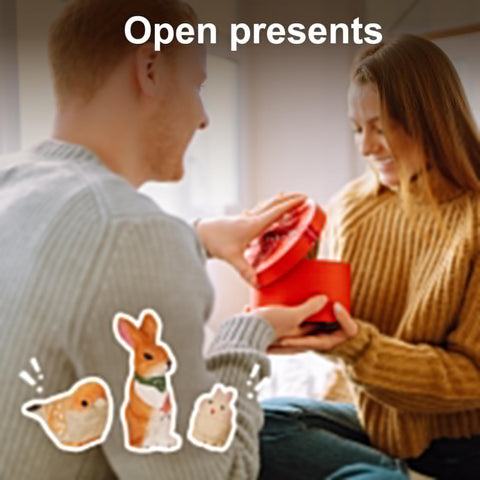 A man giving a woman a round red gift box while they sit on a couch, with cartoon animals and 'Open presents' text.