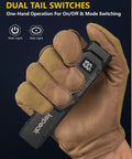 Compact EDC Flashlight With USB C Rechargeable Battery Flat Pocket Design Clip On For Easy Carry Super Bright LED 8 Lighting Modes For Camping Emergency Prep And Everyday Use held in gloved hand