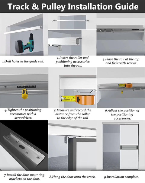 Track and pulley installation guide for Dual Soft Close Sliding Barn Door Hardware Kit With Aluminum Rail System and Buffer Rollers