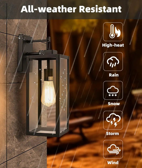 Top Tier 2 Pack Outdoor Wall Lanterns Standout With Heavy Duty 18 Inch Build And Foolproof Dusk To Dawn Photocell Sensor mounted on wall, all-weather resistant.