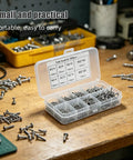 Pro Grade M2 Self Tapping Screws Set Round Head Carbon Steel Assortment Kit open on workbench with assorted screws