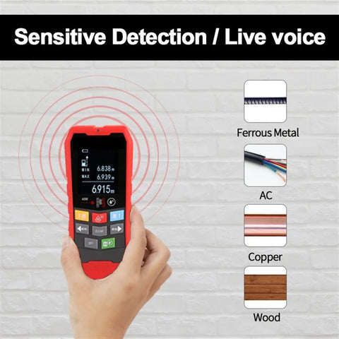 Hella Accurate Heavy Duty Four In One Wall Scanner And Metal Detector With Wood Stud Finder AC Voltage Cable Locator And Deep Range Depth Gauge showing detection screen in hand