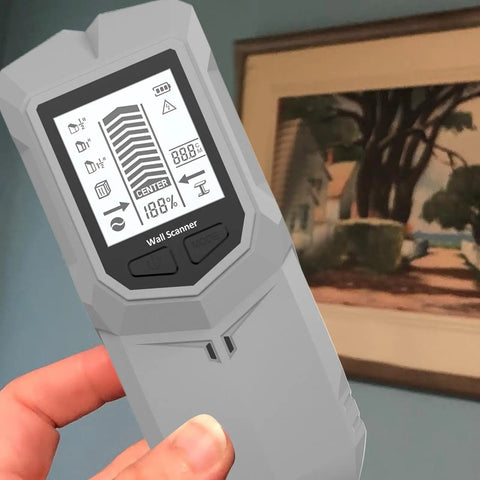 Gray Stud Finder Wall Scanner LCD Display showing depth and detection features in hand, ideal for locating studs and wiring.