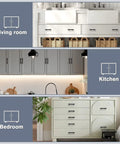 Matte Black Cabinet Pulls 5 Pack With 2.5 Inch Hole Centers shown installed in kitchen, living room, and bedroom cabinets.
