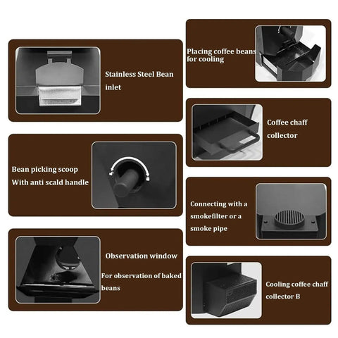 Heavy Lifter Electric Coffee Bean Roaster Machine Featuring Automatic Roller Heating And Efficient Smoke Extraction, showing stainless steel bean inlet and cooling features.