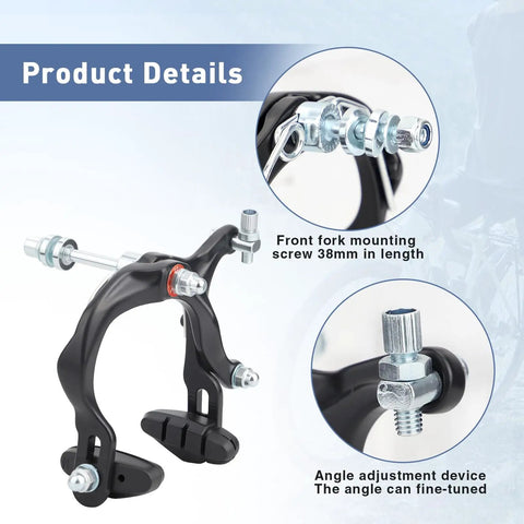 Close-up of Aluminum Alloy Caliper Brake Set With Front And Rear Cables And Pads For Rim Brakes On Mountain Hybrid BMX And Cruiser Bikes