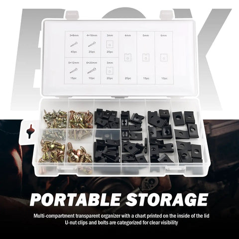 Kickass Premium Heavy Duty Automotive Trim Clip And Screw Assortment Kit with M3 M4 M5 M6 metal fasteners in organized storage box.