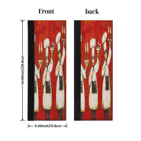 Front and back view of Snag These Tough As Nails Washable Refrigerator Door Handle Covers Set Of 2 with chef design, 14x5 inches.