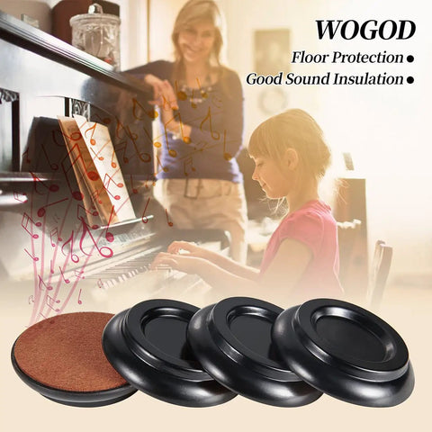 Solid Wood Piano Caster Cups For Upright Pianos And Couches Heavy Duty Floor Protectors With Rustic Grain Finish displayed behind a child playing piano.