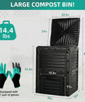 80 Gallon Outdoor Compost Bin With Top Flip Lid BPA Free Large Garden Composter showing measurements and included gloves