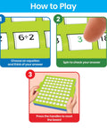Steps to use Division Practice Board With Self-Checking Dials For Kids, showing equations, spinning dials, and reset instructions.