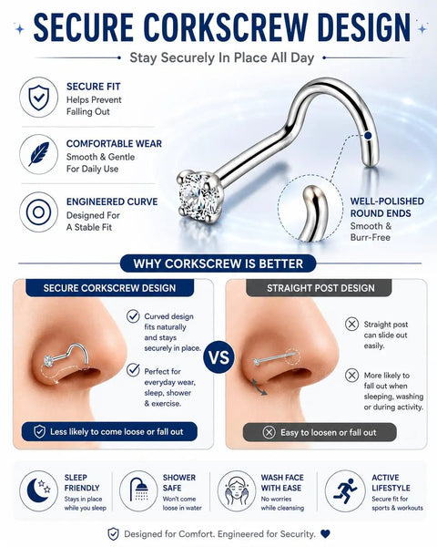 Snag These Clean G23 Titanium Corkscrew Nose Studs With Sparkling CZ Tops Hype Ready 20 Gauge Body Piercing Jewelry Chill Fit Lightweight Silver Set For Effortless Daily Wear infographic illustrating the benefits of corkscrew design.