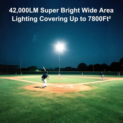 Heavy Duty 300W LED Stadium Lights 42000LM Outdoor Flood Lighting illuminating a baseball field at night.