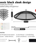 24 Inch Fire Pit Spark Screen with foldable hook and marshmallow sticks, showing dimensions and accessories for fireplaces.