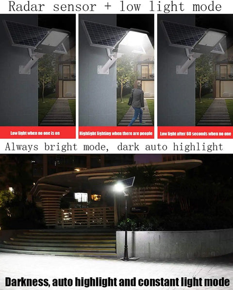 Solar Street Lights And Remote Control With Radar Motion Sensor Dusk To Dawn Security Flood Lamp showing modes of operation in outdoor setting.