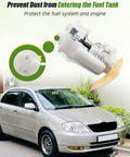 Electric Fuel Pump Module Assembly For 2003 2004 Toyota Corolla Matrix And Pontiac Vibe 1.8L L4 Engines Replacement Pump With Easy Install Plug And Play And Reliable Performance shown above a silver 2003 Toyota Corolla parked on grass, highlighting dust prevention.