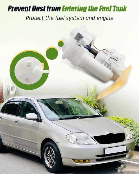 Electric Fuel Pump Module Assembly For 2003 2004 Toyota Corolla Matrix And Pontiac Vibe 1.8L L4 Engines Replacement Pump With Easy Install Plug And Play And Reliable Performance shown above a silver 2003 Toyota Corolla parked on grass, highlighting dust prevention.