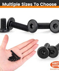 Heavy Duty M4 X 10Mm Hex Socket Cap Screws With Flat Round Head And Matte Black Oxide Finish Forged From Solid 304 Stainless Steel in hand and multiple sizes.