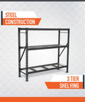 Robust 3 Tier Steel Shelving Rack With 6000 Lb Heavy Duty Capacity For Garage And Warehouse Storage features steel construction and three tiers.