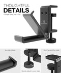 Under Desk Headphone Stand With Foldable Arm Space Saving Aluminum Headset Hanger For Gaming Headphones Desk Clamp Fits Desks Up To 50mm Thick Or Slim 5mm Mounts Flat Against Wall When Not In Use Universal Fit Black: detailed view showing foldable arm and desk clamp features.