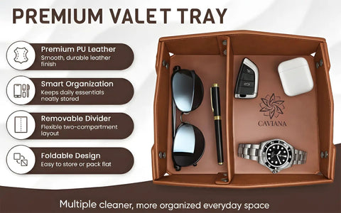 EDC Valet Tray Organizer In Saddle Tan With PU Leather Removable Divider To Stash Keys Wallet Phone And Watch All In One Catch All Tray
