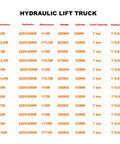 Heavy Duty Hydraulic Scissor Lift For Garage And Shop 440 Pound Steel Platform specifications table with load capacities and dimensions.