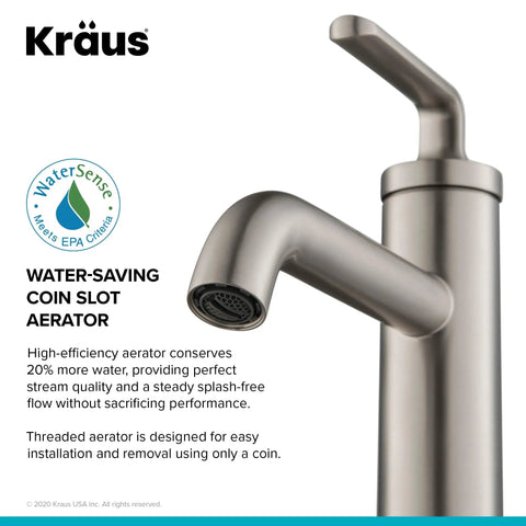 Ramus Single Handle Bathroom Sink Faucet With Lift Rod Drain In Spot Free Stainless Steel showing water-saving aerator close-up
