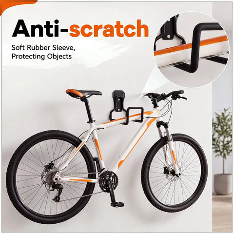 Rock Solid Heavy Duty Garage Wall Mount Hooks 8 Pack With Complete Screw And Expansion Anchor Kit holding a bike on a wall, featuring anti-scratch rubber sleeve.