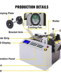 Automatic Heat Shrink Tube Cutting Machine Slick Cable Pipe Trimmer showing clamping plate, cooling fan, and operation panel details.