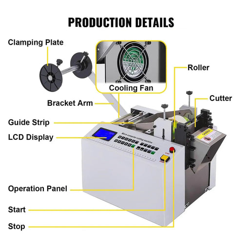 Automatic Heat Shrink Tube Cutting Machine Slick Cable Pipe Trimmer showing clamping plate, cooling fan, and operation panel details.