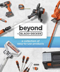 A collection of Black+Decker easy-to-use tools including drills, screwdrivers, a hedge trimmer, and a mop on a white background.