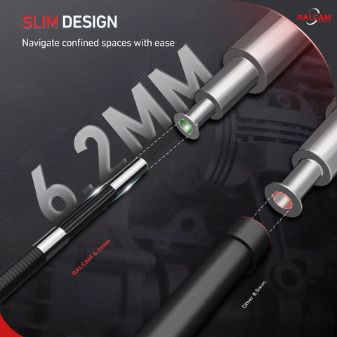 Two Way Articulating Borescope Inspection Camera showing 6.2mm head design for navigating tight spaces easily.
