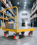Warehouse platform truck with heavy duty 6X2 inch caster set of 4 with polyurethane treads and cast iron cores, 5000 lb capacity.