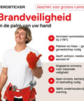 Man in orange gloves showing safety gesture, promoting Automatic Fire Extinguisher Aerosol Suppression Canister For Cars And Shops Fast Heat Triggered Fire Shield No Electrical Hookup Needed Solid Fo Sho Protection.