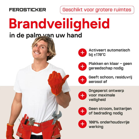Man in orange gloves showing safety gesture, promoting Automatic Fire Extinguisher Aerosol Suppression Canister For Cars And Shops Fast Heat Triggered Fire Shield No Electrical Hookup Needed Solid Fo Sho Protection.
