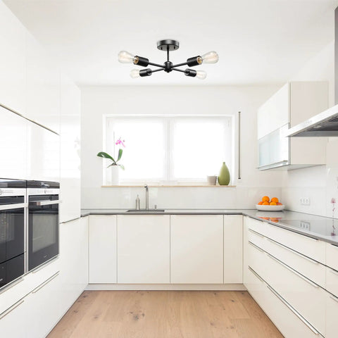 Modern kitchen with Vane Four Light Matte Black Flush Mount Ceiling Light With Open Socket Sputnik Style Dope Modern Minimalist Fixture.