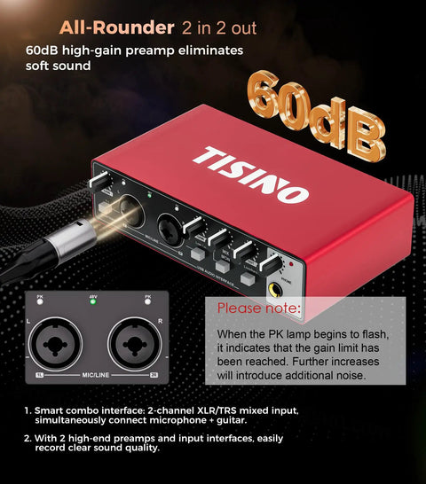 All In One USB Audio Interface For Recording, Podcasting And Streaming, 24 Bit 192 KHz, Plug And Play With 48V Phantom Power