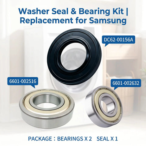 Premium Washer Tub Bearing And Seal Kit For Front Load Washers showing two bearings and one seal for Samsung models.