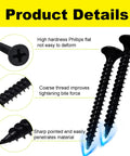 Outdoor Wood Screws Set 100 Pack Size 6 X 1-5/8 Inch Phillips Flat Head Self-Tapping Countersunk Deck Screws For Woodworking Repairs And DIY Projects Today, showing two black oxide screws with phillips flat heads and sharp points.
