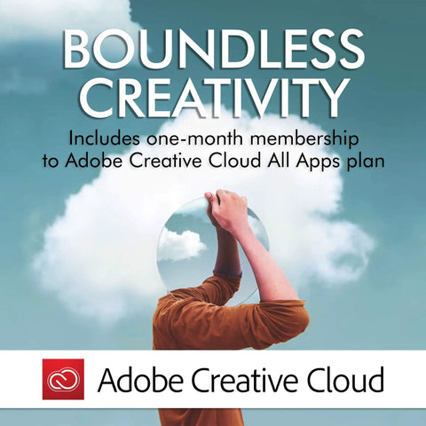 Promotional image for Adobe Creative Cloud, featuring person holding a reflective sphere under 'Boundless Creativity' text.