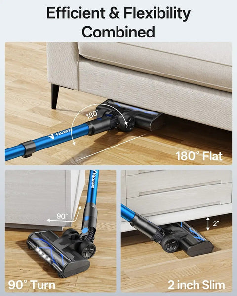 8 In 1 Cordless Stick Vacuum With 3 Suction Modes, Up To 45 Minutes Runtime, Self Standing And Rechargeable, Lightweight Wireless Cleaner demonstrating flat and slim angles under furniture