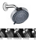 High Pressure Rain Shower Head with five settings and durable ABS plastic body, adjustable swivel ball joint, and water spray modes