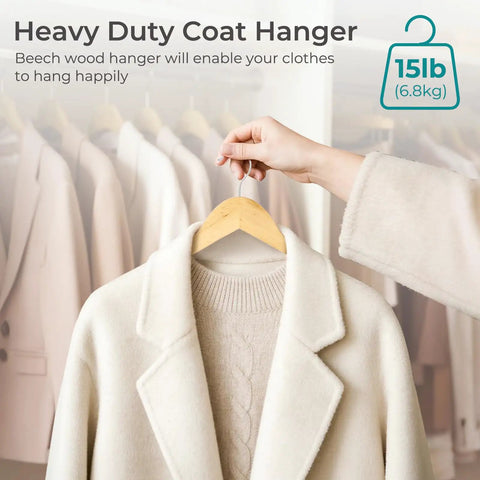 Ten Pack Heavy Duty Solid Birch Wood Coat Hangers With 360 Degree Swivel Hooks And Pant Bar For Jackets Dresses Shirts Natural Wood Suit Hangers For Closet Organization holding a white coat