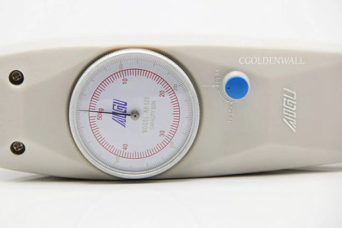 Hella Accurate Handheld Push Pull Force Gauge Tester With Peak Load Memory 500N 50kg Capacity close-up dial view.