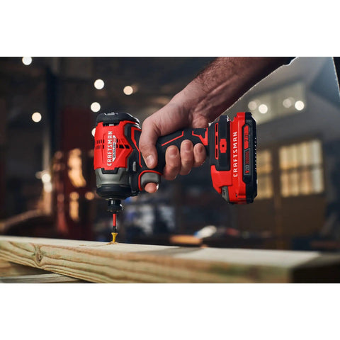 V20 Cordless 1 Quarter Inch Impact Driver Bare Tool Only With Brushless Motor in use fastening a screw into wood