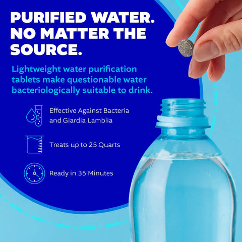 Hand holding tablet above water bottle, promoting Water Purification Tablets 50 Count For Safe Drinking Water On Camping Trips Hikes Travel And Emergency Prep.