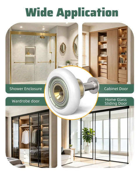 Solid as a Rock Sliding Shower Door Roller Replacement with 19mm Nylon Wheels shown in various applications like showers and cabinets.