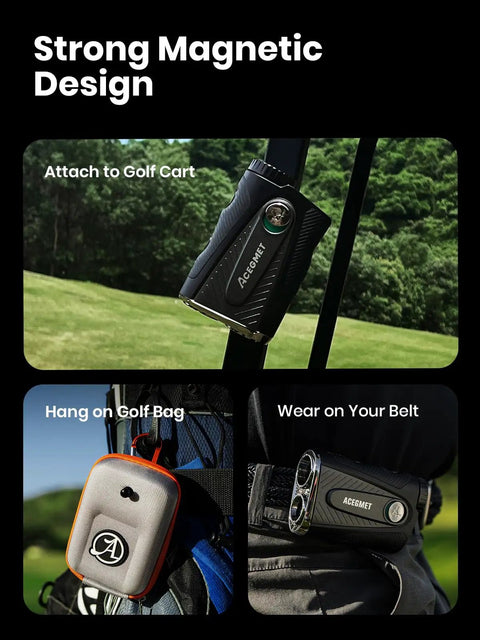 Game Changing Golf Rangefinder With Coach Mode for On Course Yardage Up To 1300 Yards displaying magnetic attachment options